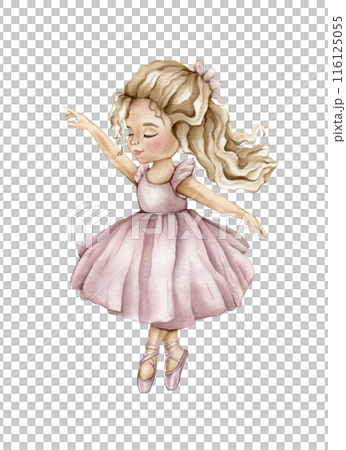 Watercolor dancing ballerina in pink dress and blond hair. Hand drawn classic ballet performance, pose. Young ballerina kid illustration isolated. Cute watercolor illustration for baby girl nursery 116125055