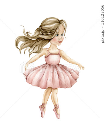 Watercolor dancing ballerina in pink dress and blond hair. Hand drawn classic ballet performance, pose. Young ballerina kid illustration isolated. Cute watercolor illustration for baby girl nursery Watercolor dancing ballerina in pink dress and blond hair. Hand drawn classic ballet performance, pose. Young ballerina kid illustration isolated. Cute watercolor illustration for baby girl nursery 116125056