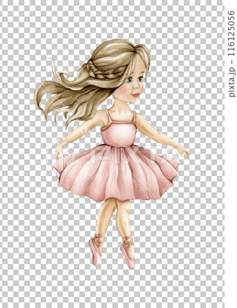 Watercolor dancing ballerina in pink dress and blond hair. Hand drawn classic ballet performance, pose. Young ballerina kid illustration isolated. Cute watercolor illustration for baby girl nursery Watercolor dancing ballerina in pink dress and blond hair. Hand drawn classic ballet performance, pose. Young ballerina kid illustration isolated. Cute watercolor illustration for baby girl nursery 116125056