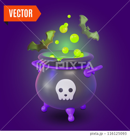 3d Happy Halloween Concept Cartoon Design Style. Vector illustration of Witch Cauldron or Pot and Flying Bat 116125093