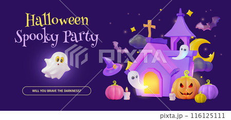 3d Halloween Spooky Party Concept Ads Banner Poster Card Template . Vector illustration of Scary House with Ghosts 116125111