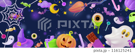 3d Halloween Concept Banner or Party Invitation Background Place for Text Cartoon Design Style. Vector illustration 3d Halloween Concept Banner or Party Invitation Background Place for Text Cartoon Design Style. Vector illustration 116125241
