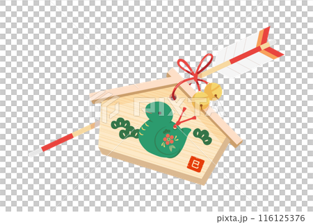 Illustration of a votive plaque and a hamaya arrow with a snake figurine (green) Illustration of a votive plaque and a hamaya arrow with a snake figurine (green) 116125376