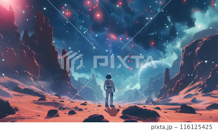 Panorama of a red, rocky alien planet with astronaut standing on looking at a starry sky Panorama of a red, rocky alien planet with astronaut standing on looking at a starry sky 116125425