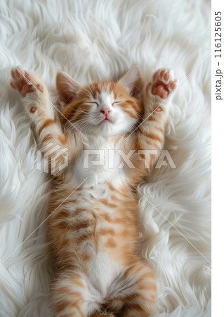 Orange and white kitten lying on white fluffy blanket. Studio pet portrait. World Animal Day 116125605