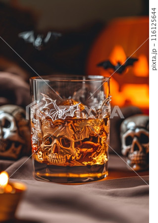 Halloween themed drink with bat decoration in a crystal glass surrounded by skulls and pumpkins. Halloween themed drink with bat decoration in a crystal glass surrounded by skulls and pumpkins. 116125644