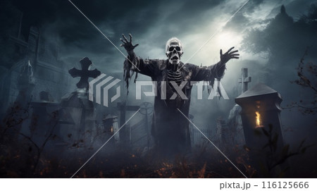 Undead figure rising from graveyard at night. Dark fantasy digital art. 116125666