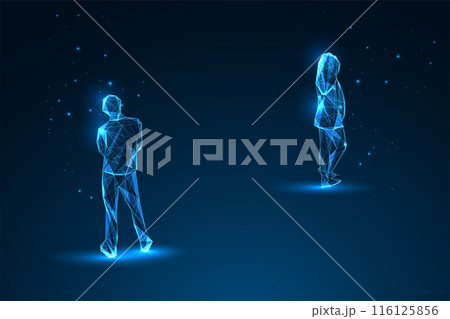 Couple conflict, separation, divorce futuristic concept with man and woman silhouette moving apart Couple conflict, separation, divorce futuristic concept with man and woman silhouette moving apart 116125856