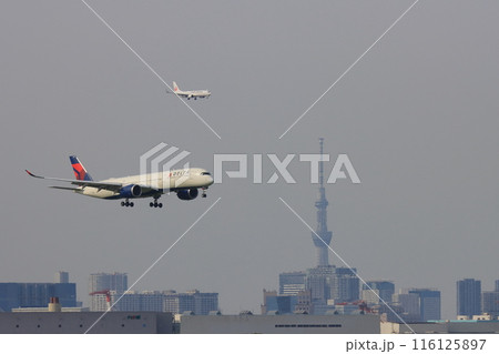 東京に到着する旅客機 羽田空港に進入する旅客機 スカイツリーを背景に着陸するDELTA機 東京に到着する旅客機 羽田空港に進入する旅客機 スカイツリーを背景に着陸するDELTA機 116125897