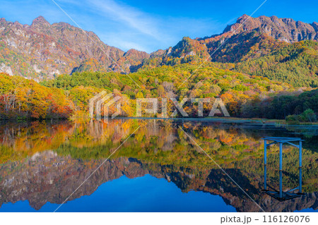 【秋素材】秋の戸隠高原鏡池【長野県】 116126076