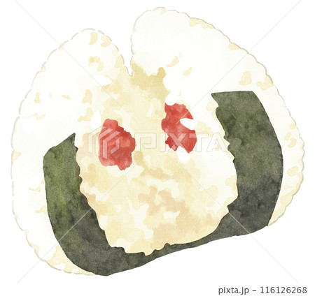 真ん中で割った梅干し入りのおにぎり(外線あり)  水彩タッチ 116126268