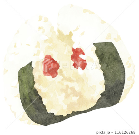 真ん中で割った梅干し入りのおにぎり　水彩タッチ 116126269