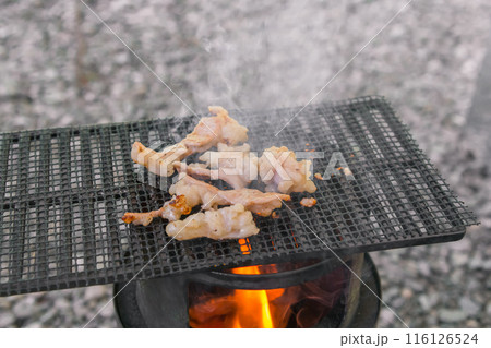 【オートキャンプ場でソロキャンプ　網で白モツを焼く】　 116126524