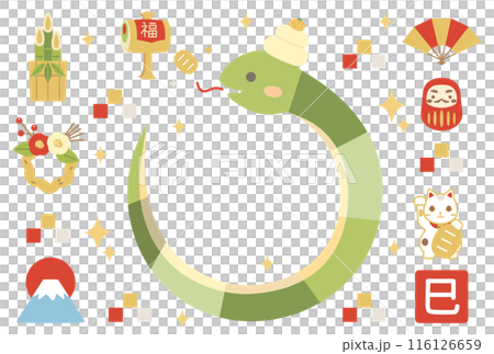 蛇とお正月飾りを組み合わせた巳年に使える年賀状のテンプレートのイラスト 蛇とお正月飾りを組み合わせた巳年に使える年賀状のテンプレートのイラスト 116126659