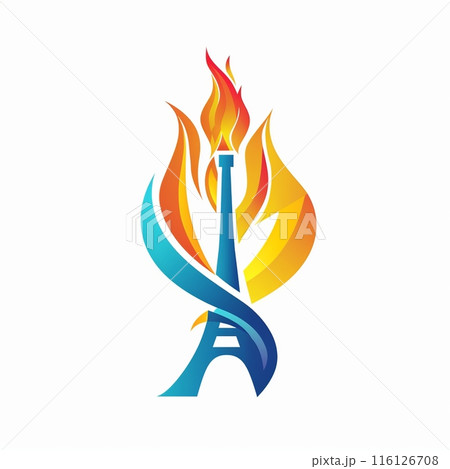 Olympic torch with Flame on the Eiffel Tower icon in Paris, France. Olympic Fire Logo Design. Symbol of the 2024 Summer Olympic Games, Sports concept. Illustration isolated on white background 116126708