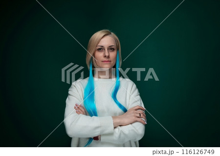 Woman With Blue Hair Standing With Arms Crossed 116126749