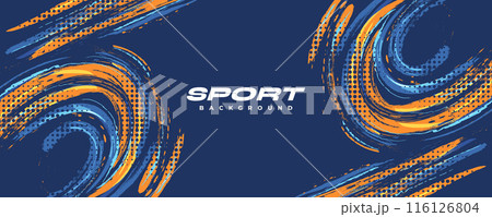 Abstract Sports Background with Blue and Orange Brush Texture and Halftone Effect. Grunge Background for Banner or Poster Design 116126804