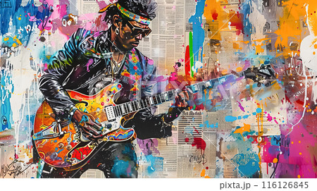 A vibrant graffiti art piece depicting a guitarist passionately playing his instrument A vibrant graffiti art piece depicting a guitarist passionately playing his instrument 116126845