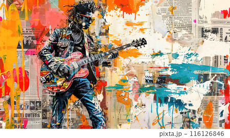A vibrant graffiti art piece depicting a guitarist passionately playing his instrument 116126846
