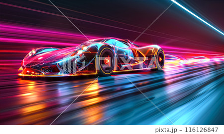 A neon-lit futuristic racing car speeding through a vibrant, high-tech environment 116126847