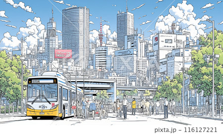 高層ビル群を背景のバス乗り場のある都会の風景 高層ビル群を背景のバス乗り場のある都会の風景 116127221