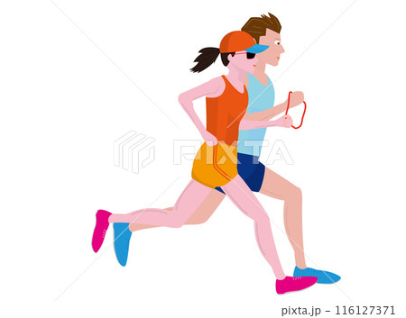 視覚障害者がマラソン大会を走っているイラスト素材です。ガイドランナーが伴走しています。 116127371