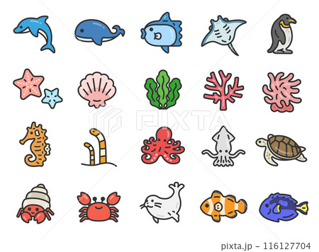 海の生物のアイコン（線画カラー）のイラストセット 116127704