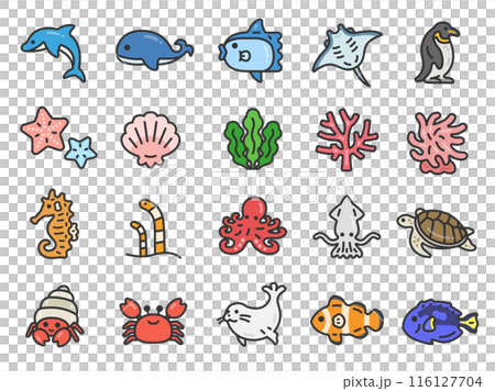 海の生物のアイコン（線画カラー）のイラストセット 116127704