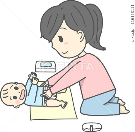 赤ちゃんのおむつ替えをしているお母さんのイラスト 赤ちゃんのおむつ替えをしているお母さんのイラスト 116128111