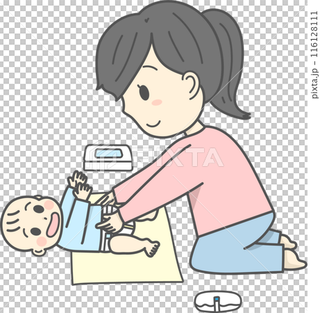 赤ちゃんのおむつ替えをしているお母さんのイラスト 赤ちゃんのおむつ替えをしているお母さんのイラスト 116128111