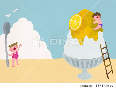 レモン味のかき氷と子供たちの夏イメージの切り絵風イラスト 116128635