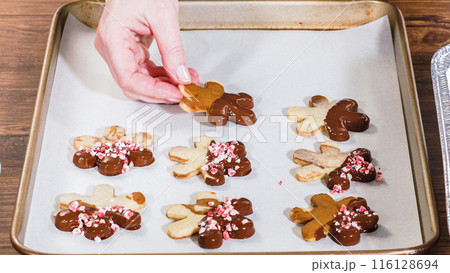 Crafting gingerbread cookie sandwiches with eggnog buttercream, presented on a rustic wooden table for Christmas gifting. 116128694