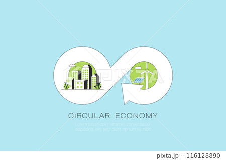 Circular economy concept. Green city and green energy. Growth business and environment sustainable devellopment. Flat Vector illustration. Circular economy concept. Green city and green energy. Growth business and environment sustainable devellopment. Flat Vector illustration. 116128890