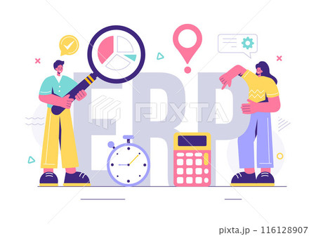 ERP Enterprise Resource Planning System Vector Illustration with Business Integration, Productivity, and Company Enhancement on a Flat Background ERP Enterprise Resource Planning System Vector Illustration with Business Integration, Productivity, and Company Enhancement on a Flat Background 116128907