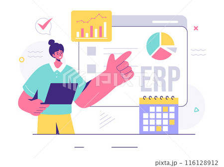 ERP Enterprise Resource Planning System Vector Illustration with Business Integration, Productivity, and Company Enhancement on a Flat Background 116128912