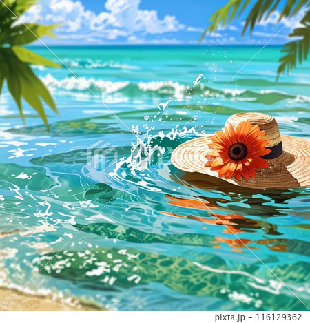波打ち際に浮かんでいる麦わら帽子 116129362