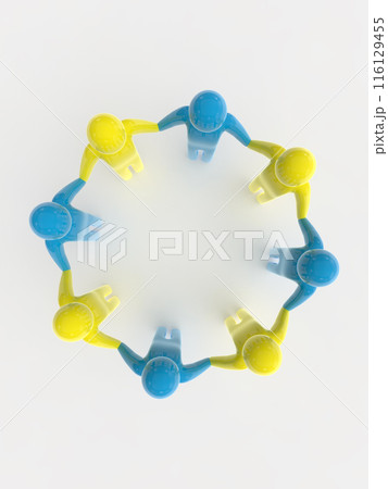 手を繋いで輪になる人々　アイコン　俯瞰　青黄　縦　3Dイラストレーション 116129455