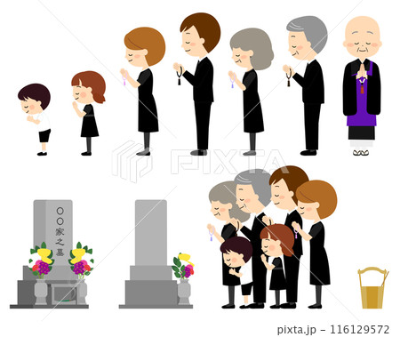 法事で墓参りに来た三世帯家族 116129572