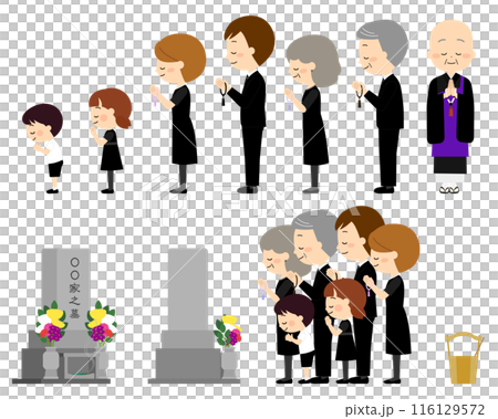 法事で墓参りに来た三世帯家族 116129572