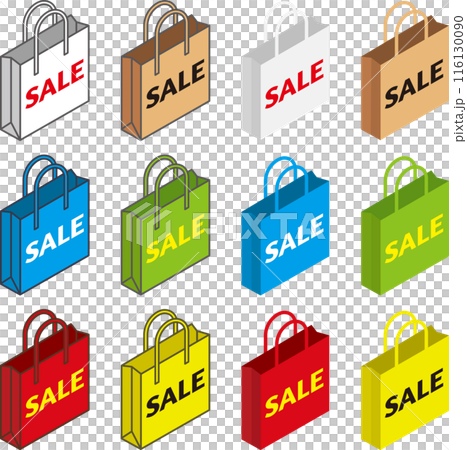 A set of colorful paper bags with simple designs seen from an angle 116130090