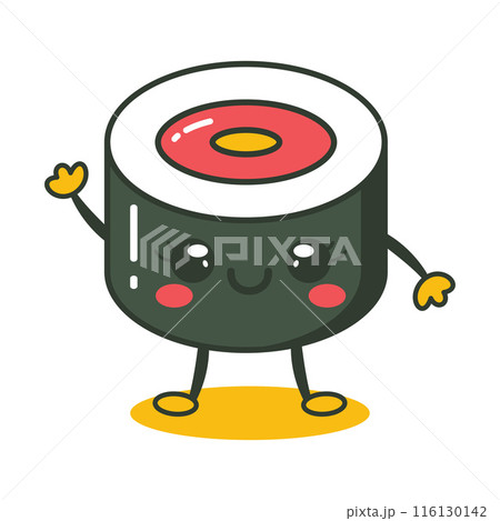 Cute Sushi Roll Japanese Food Cartoon Character with Happy Expression 116130142