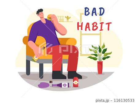 Vector Illustration of Bad Habits Featuring Unhealthy Lifestyles such as Eating Fast Food or Drinking Alcohol in a Flat Cartoon Style Background 116130533