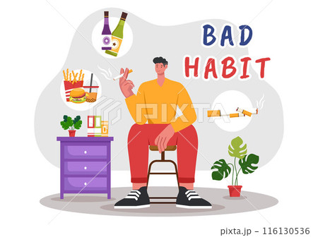 Vector Illustration of Bad Habits Featuring Unhealthy Lifestyles such as Eating Fast Food or Drinking Alcohol in a Flat Cartoon Style Background 116130536