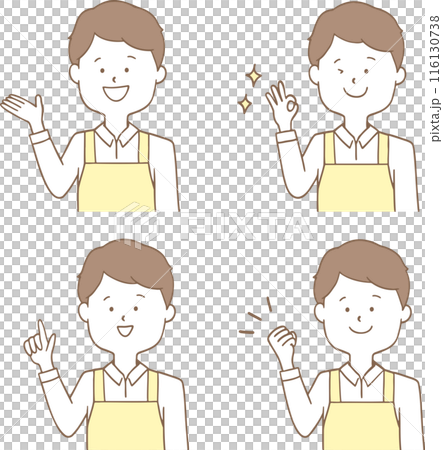 Illustration material: Set of men in aprons in various poses Illustration material: Set of men in aprons in various poses 116130738