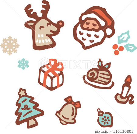 クリスマス　アイコン　手描き　あしらい　飾り　版画　判子　シルエット　かわいい　イラスト素材セット 116130803