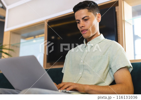 Biracial young man working on laptop, sitting on couch in a modern business office Biracial young man working on laptop, sitting on couch in a modern business office 116131036