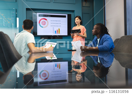 Asian woman presenting to biracial and African American men in a modern business office 116131056