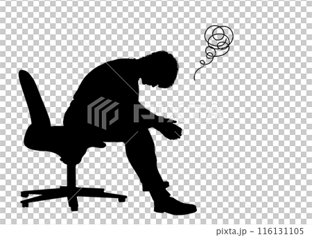Silhouette of a man sitting on a chair and feeling depressed. Full body sideways. Illustration of a profile 116131105