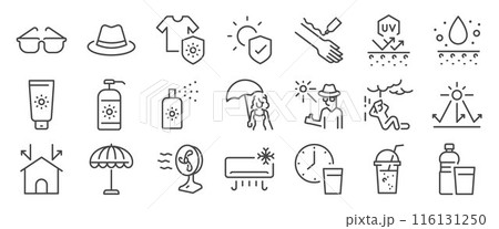 Sun protection icon set. It includes hydrate, sunscreens, umbrellas, water, sun rays, and more icons. Editable Vector Stroke. 116131250