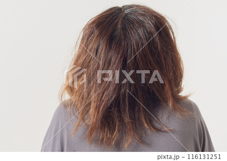 ぼさぼさの髪の毛の女性の後ろ姿 116131251